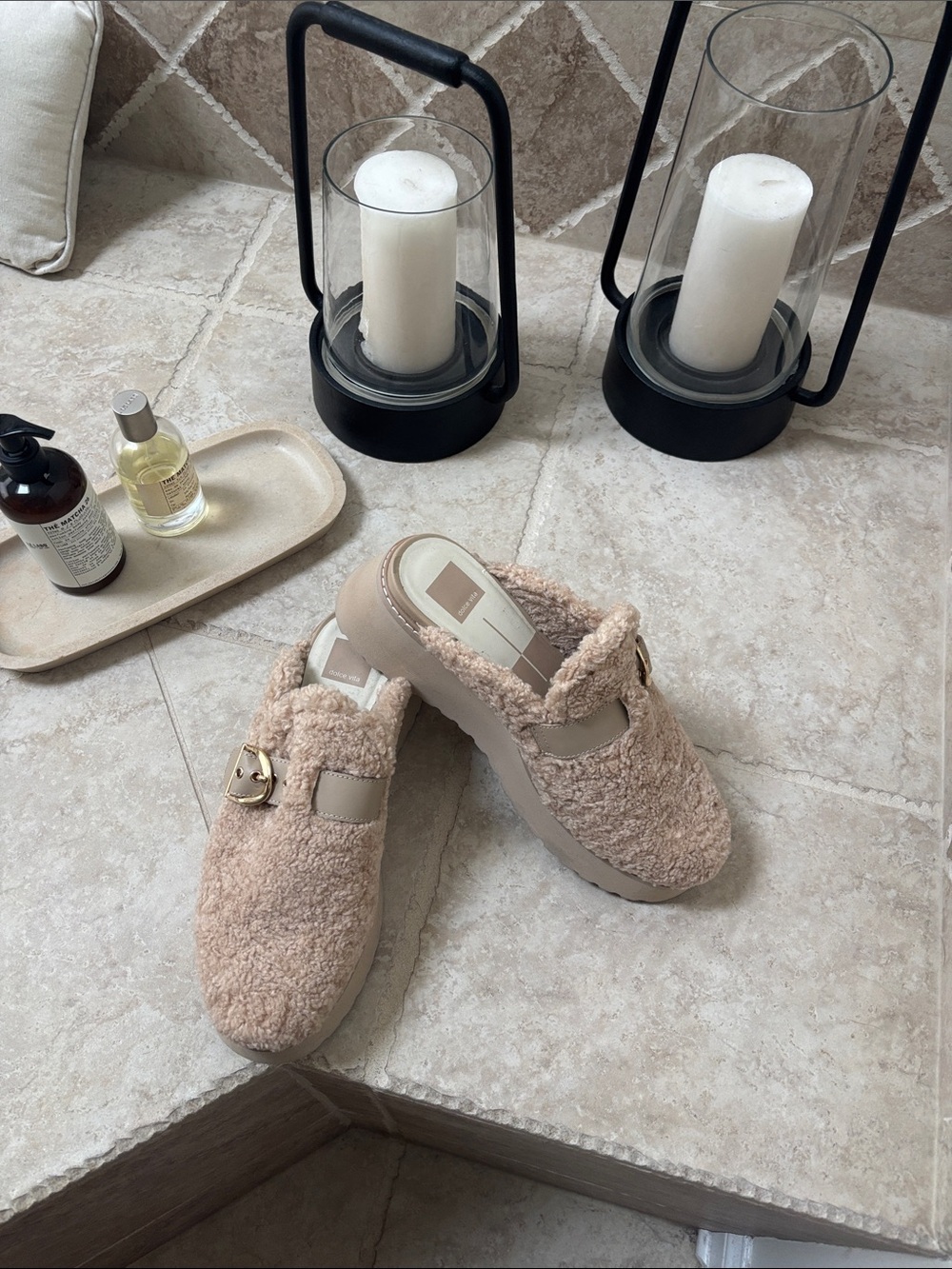 Dolce Vita Beige Shearling Mule with Gold Buckle